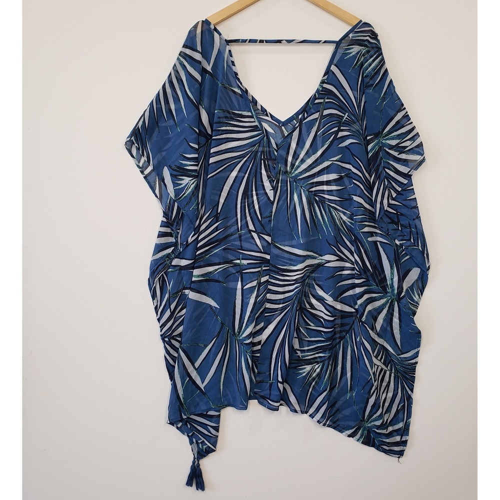Swim Cover Up Women One Size Blue Tropical Palm Leaf Kaftan Vacation Beach Boho - Picture 2 of 4